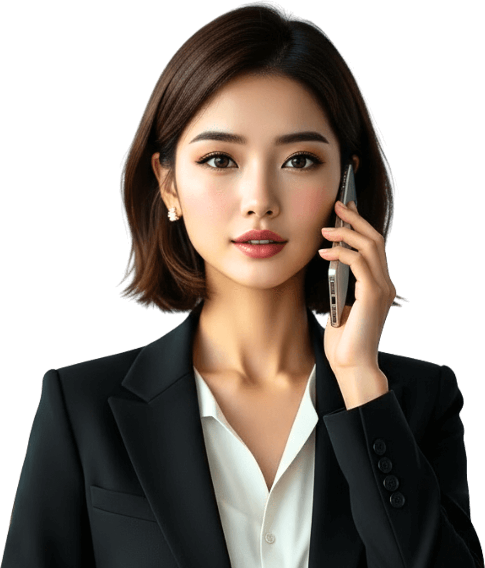 Businesswoman speaking on the phone, wearing a blazer, with a focused expression.