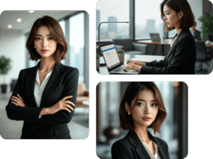 Three pictures of a woman in business clothing, highlighting her confidence and professionalism in diverse poses.