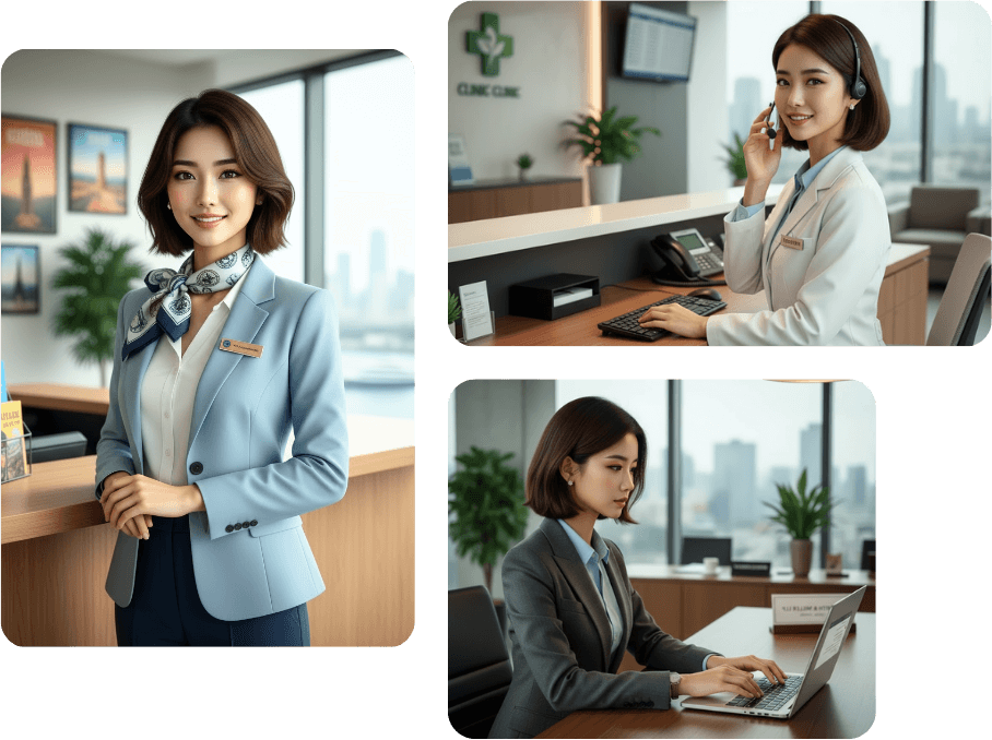 Three pictures of a woman in business clothing, highlighting her confidence and professionalism in diverse poses.