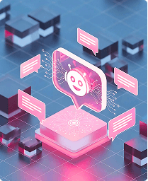 A pink robot sits on a square block, with a chat bubble above it, suggesting communication or conversation.