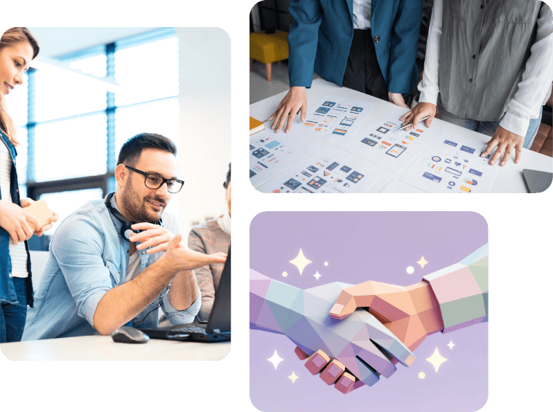 A collage depicting diverse individuals collaborating on various projects in a vibrant, dynamic work environment.