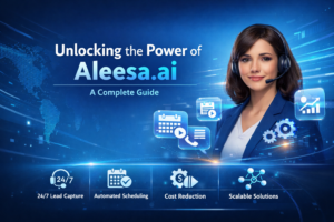 Digital illustration promoting Aleesa.ai, featuring an AI assistant with a headset, surrounded by icons symbolizing key features like 24/7 lead capture, automated scheduling, cost reduction, and scalable solutions. The background has a blue gradient, creating a professional and futuristic atmosphere.