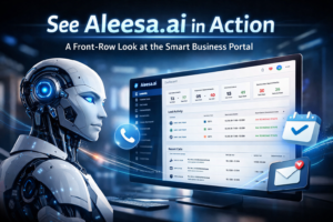 Futuristic AI assistant interacting with Aleesa.ai business automation dashboard showing real-time lead tracking, scheduling, and call management interface.